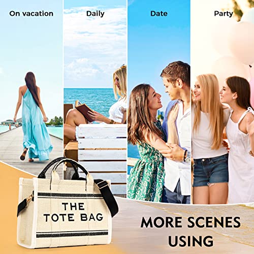 JQAliMOVV The Tote Bag for Women, Straw Tote Bag with Zipper Woven Beach Bag Top Handle Straw Handbag Purses for Travel