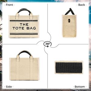 JQAliMOVV The Tote Bag for Women, Straw Tote Bag with Zipper Woven Beach Bag Top Handle Straw Handbag Purses for Travel