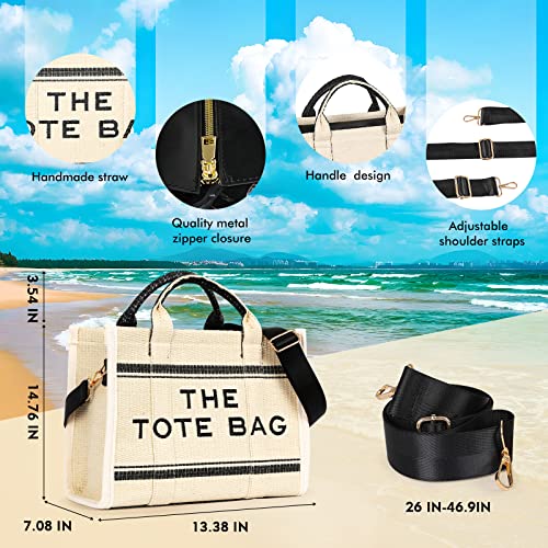 JQAliMOVV The Tote Bag for Women, Straw Tote Bag with Zipper Woven Beach Bag Top Handle Straw Handbag Purses for Travel