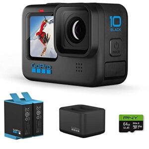 gopro hero10 black bundle + dual battery charger + 1 extra battery + 64gb sd card - e-commerce packaging - waterproof action camera with front lcd & touch rear screens, 5.3k60 ultra hd video (renewed)