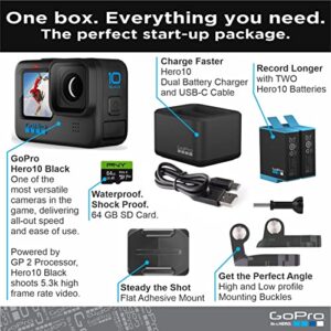GoPro HERO10 Black Bundle + Dual Battery Charger + 1 Extra Battery + 64GB SD Card - E-Commerce Packaging - Waterproof Action Camera with Front LCD & Touch Rear Screens, 5.3K60 Ultra HD Video (Renewed)
