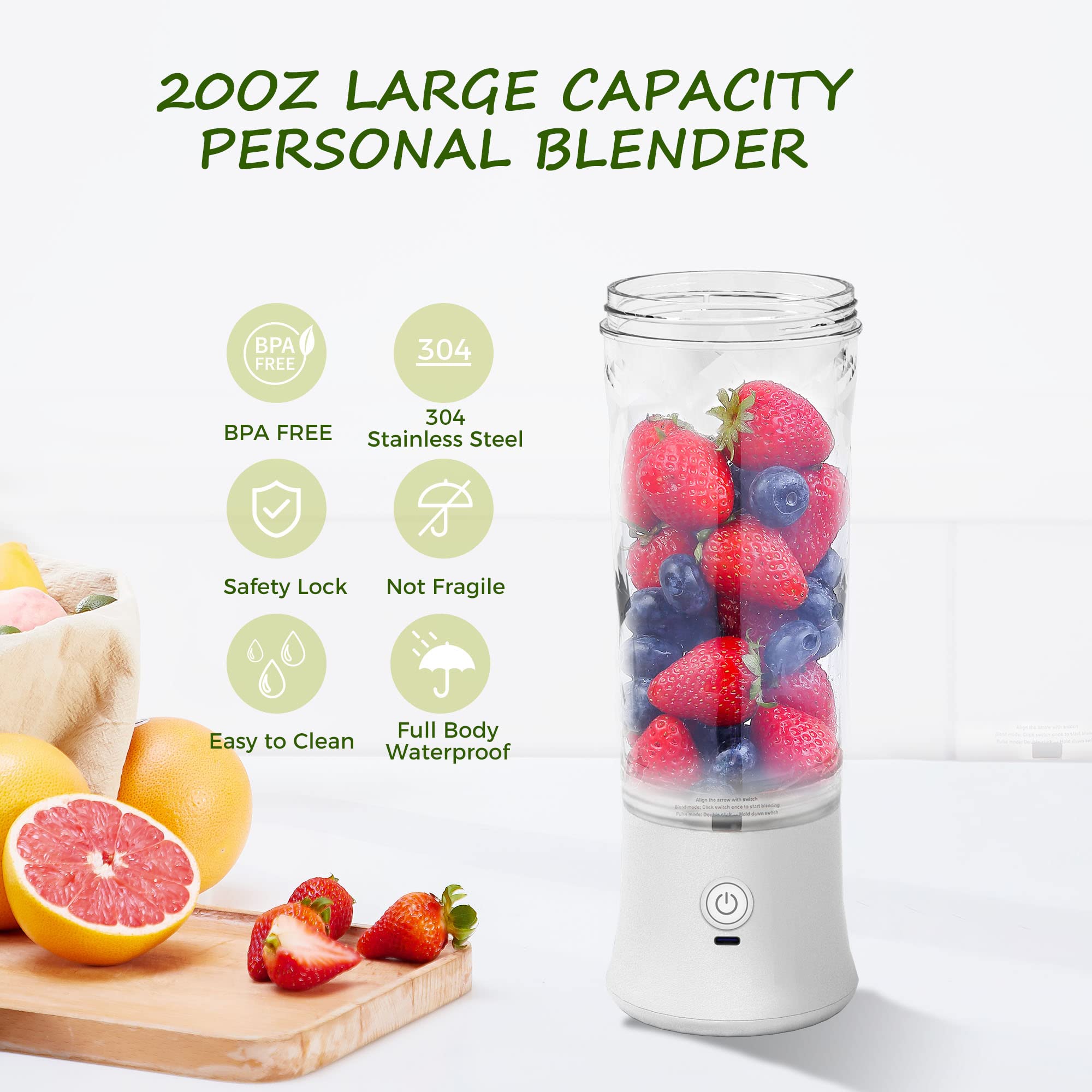 Portable Blender, Personal Blender for Shakes and Smoothies, Mini Blender with 6 Blades USB Rechargeable, 20 Oz To-Go Cups and Spout Lids for Frozen Blending, Kitchen, Home, Travel, BPA-Free