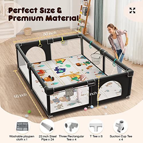 Gimars Upgraded 320D Washable Baby Playpen with Padding Mat, 6in1 Large Playpen for Toddlers, Sturdy & Safe Playpen with Padded Cotton Top Rod for Protecting Babies, Baby Play Yard with Zipper Gate