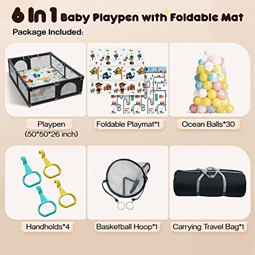 Gimars Upgraded 320D Washable Baby Playpen with Padding Mat, 6in1 Large Playpen for Toddlers, Sturdy & Safe Playpen with Padded Cotton Top Rod for Protecting Babies, Baby Play Yard with Zipper Gate