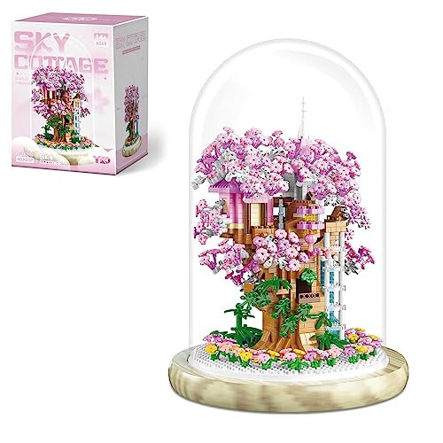 Insgen Cherry Blossom Bonsai Tree House Building Set for Adults, 1382 Pcs Micro-Particle Ideas Sakura Tree, Complete with String Lights, Dust Cover, and Wooden Base(Not Compatible with Lego Set)