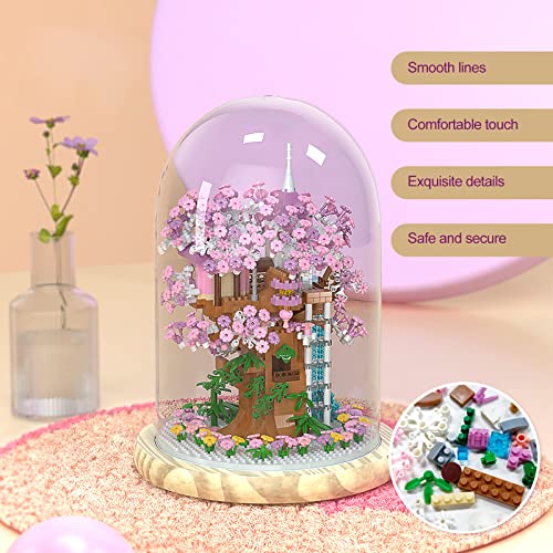 Insgen Cherry Blossom Bonsai Tree House Building Set for Adults, 1382 Pcs Micro-Particle Ideas Sakura Tree, Complete with String Lights, Dust Cover, and Wooden Base(Not Compatible with Lego Set)