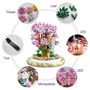 Insgen Cherry Blossom Bonsai Tree House Building Set for Adults, 1382 Pcs Micro-Particle Ideas Sakura Tree, Complete with String Lights, Dust Cover, and Wooden Base(Not Compatible with Lego Set)