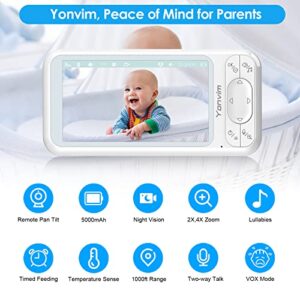 Yonvim Baby Monitor 1080P 5" HD, Video Baby Monitor with Camera and Audio, 5000mAh Battery, 2 Mounts, No WiFi Needed, Night Vision, Long Range, 2-Way Talk, Remote Pan Tilt, Temperature Sense, 4X Zoom