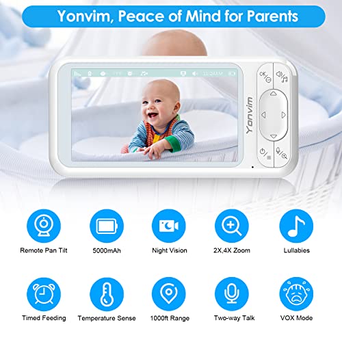 Yonvim Baby Monitor 1080P 5" HD, Video Baby Monitor with Camera and Audio, 5000mAh Battery, 2 Mounts, No WiFi Needed, Night Vision, Long Range, 2-Way Talk, Remote Pan Tilt, Temperature Sense, 4X Zoom