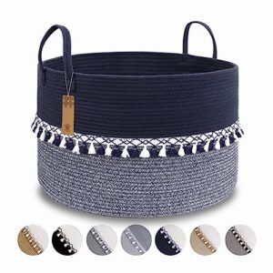 zuijia shenghuo xxxlarge cotton rope toy basket-21.7"x21.7"x13.8"baby laundry blanket basket for storage-extra large toy bin with handles-living room bedroom laundry tassel decor basket-navy blue