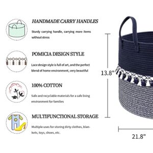 ZuiJia Shenghuo XXXLarge cotton Rope toy Basket-21.7"x21.7"x13.8"Baby Laundry Blanket Basket for storage-Extra Large Toy Bin with Handles-Living Room Bedroom Laundry Tassel Decor basket-Navy blue
