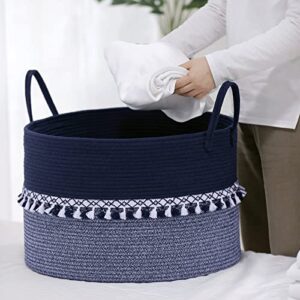 ZuiJia Shenghuo XXXLarge cotton Rope toy Basket-21.7"x21.7"x13.8"Baby Laundry Blanket Basket for storage-Extra Large Toy Bin with Handles-Living Room Bedroom Laundry Tassel Decor basket-Navy blue