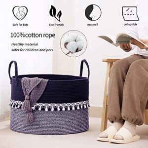 ZuiJia Shenghuo XXXLarge cotton Rope toy Basket-21.7"x21.7"x13.8"Baby Laundry Blanket Basket for storage-Extra Large Toy Bin with Handles-Living Room Bedroom Laundry Tassel Decor basket-Navy blue