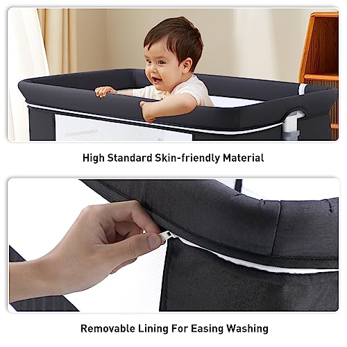 Uuoeebb 4 in 1 Baby Bassinet Bedside Sleeper, Portable Baby Bassinet with Wheels, Baby Crib with Changing Station, Mattress Included and Storage, Foldable Travel Bassinet for Baby/Infant/Newborn-Black