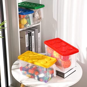 Sintuff 4 Pack Toy Storage Organizers Bins with Lid, Plastic Stackable Storage Box with Handle Design, Brick Shaped Toy Containers for Organizing Building Brick Dolls Toys, 4 Colors