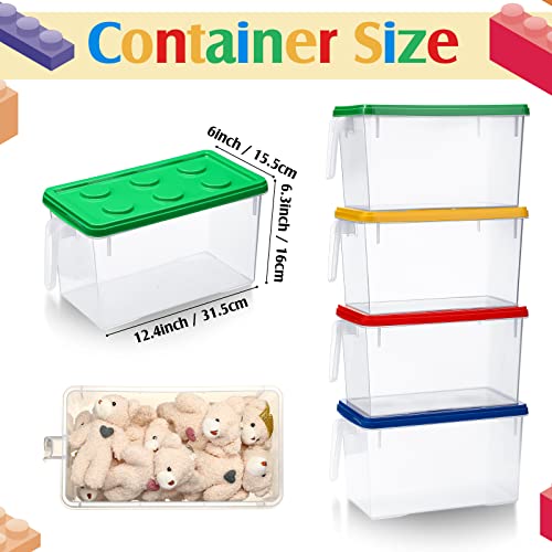 Sintuff 4 Pack Toy Storage Organizers Bins with Lid, Plastic Stackable Storage Box with Handle Design, Brick Shaped Toy Containers for Organizing Building Brick Dolls Toys, 4 Colors