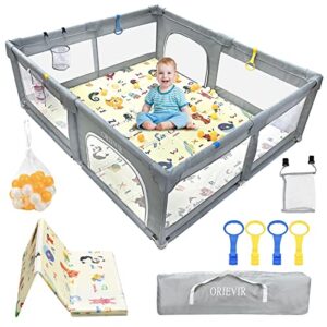 orievir baby playpen,71" x 59"baby playpen for toddler,baby playard 300d cloth,playpen for babies with mat,sturdy safety play yard,baby activity center,babys fence play area with 30 pcs ocean balls