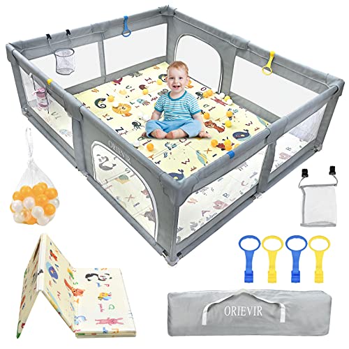 ORIEVIR Baby Playpen,71" X 59"Baby Playpen for Toddler,Baby Playard 300D Cloth,Playpen for Babies with mat,Sturdy Safety Play Yard,Baby Activity Center,Babys Fence Play Area with 30 PCS Ocean Balls