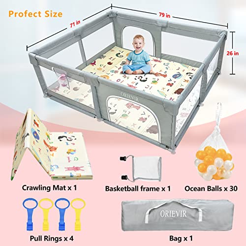 ORIEVIR Baby Playpen,71" X 59"Baby Playpen for Toddler,Baby Playard 300D Cloth,Playpen for Babies with mat,Sturdy Safety Play Yard,Baby Activity Center,Babys Fence Play Area with 30 PCS Ocean Balls