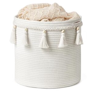 UBBCARE Decorative Cotton Rope Basket-14 x 15 in, Boho Woven Storage Basket with Tassel, Macrame Basket for Organizing Towels, Baby Toys, Cute Storage basket for Nursery