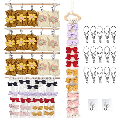 Uniteland 2 Pcs Headband Holder Hair Bows Organizer for Baby Girls, Large Nursery Hanging Boho Hair Accessories Storage with 15 Clips, Bow Head Bands Hanger for Toddler Room Decor