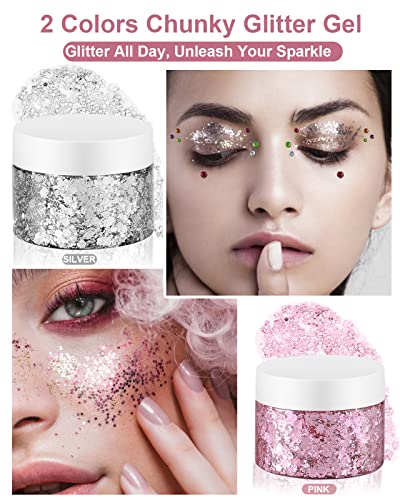 Creamify Face Body Glitter Gel - 3 Colors Pink and Silver Chunky Glitter Gel & Blue Fine Glitter Gel with Gems Sticker, Rave Accessories Hair Glitter Body Shimmer, Less Gel & Quick Dry, 65g
