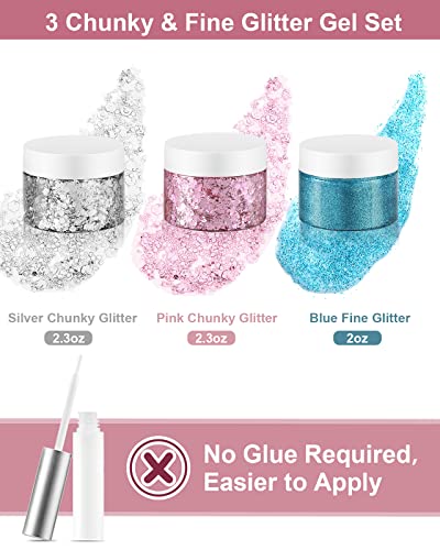 Creamify Face Body Glitter Gel - 3 Colors Pink and Silver Chunky Glitter Gel & Blue Fine Glitter Gel with Gems Sticker, Rave Accessories Hair Glitter Body Shimmer, Less Gel & Quick Dry, 65g