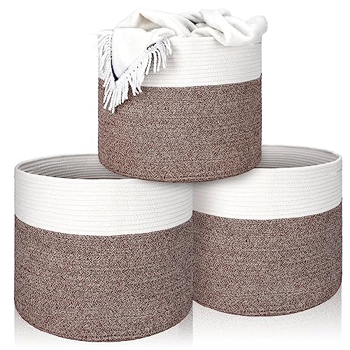 Jinei 3 Pcs Large Cotton Rope Basket 13.8'' x 11.8'' Blanket Basket Toy Storage Basket Clothes Hamper Woven Baskets with Handle Baby Laundry Basket Nursery Bin for Living Room Bathroom Bedroom Decor