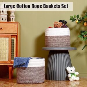 Jinei 3 Pcs Large Cotton Rope Basket 13.8'' x 11.8'' Blanket Basket Toy Storage Basket Clothes Hamper Woven Baskets with Handle Baby Laundry Basket Nursery Bin for Living Room Bathroom Bedroom Decor