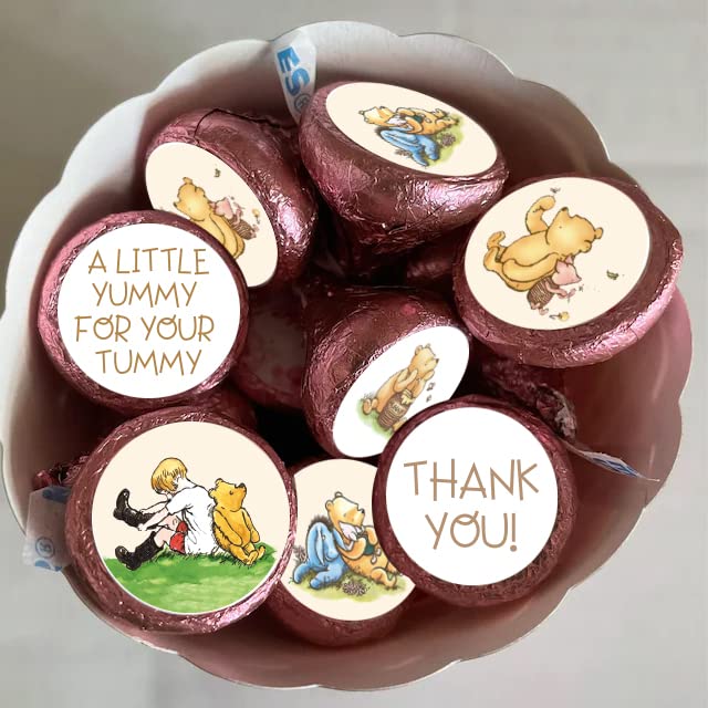 108 Pcs Cute Winnie Stickers 0.75 Inch Thank You Stickers Mini Kisses Labels Chocolate Candy Stickers The Pooh Baby Shower Decorations 1 st Birthday Party Favors