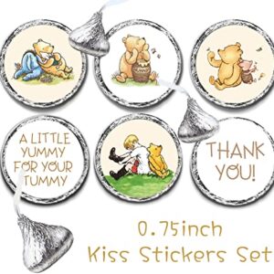 108 Pcs Cute Winnie Stickers 0.75 Inch Thank You Stickers Mini Kisses Labels Chocolate Candy Stickers The Pooh Baby Shower Decorations 1 st Birthday Party Favors