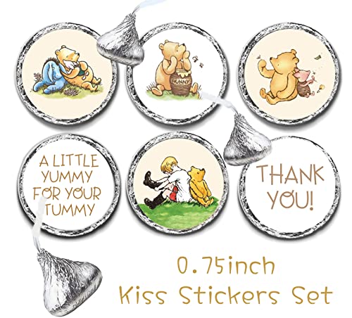 108 Pcs Cute Winnie Stickers 0.75 Inch Thank You Stickers Mini Kisses Labels Chocolate Candy Stickers The Pooh Baby Shower Decorations 1 st Birthday Party Favors