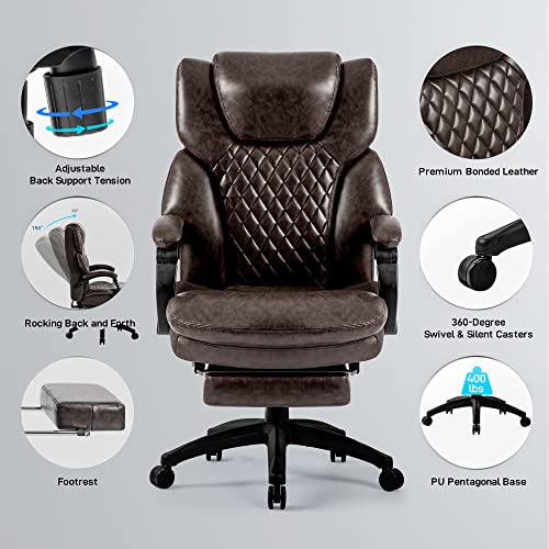 YI DANICA High Back Big & Tall 400lb Office Chair with Footrest - Heavy Duty Base, Adjustable Tilt Angle Large Bonded Leather Ergonomic Executive Desk Computer Swivel Chair