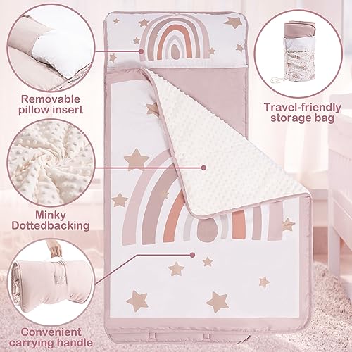 Toddler Nap Mat Warm with Removable Pillow and Fleece Minky Blanket, Lightweight, Soft Perfect for Kids Preschool, Daycare, Travel Sleeping Bag Boys and Girls, Fit Standard Cot, Rainbow