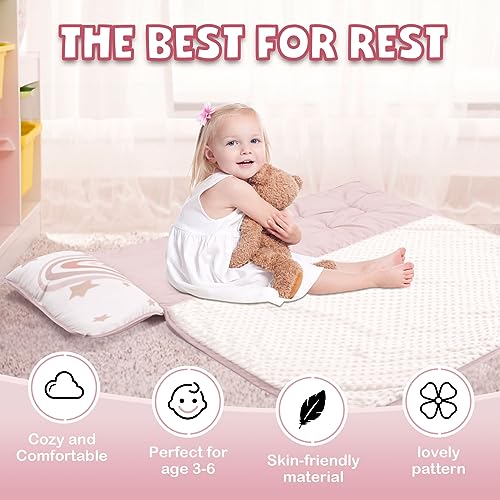 Toddler Nap Mat Warm with Removable Pillow and Fleece Minky Blanket, Lightweight, Soft Perfect for Kids Preschool, Daycare, Travel Sleeping Bag Boys and Girls, Fit Standard Cot, Rainbow