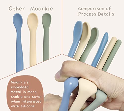 Moonkie Silicone Baby Spoons Set of 4, Soft-Tip Spoons for First Stage Infant Feeding, Bendable, Chewproof Baby Training Spoon Baby Utensils, Ideal for Self-Feeding and Baby Led Weaning