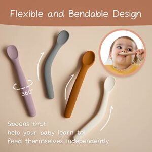 Moonkie Silicone Baby Spoons Set of 4, Soft-Tip Spoons for First Stage Infant Feeding, Bendable, Chewproof Baby Training Spoon Baby Utensils, Ideal for Self-Feeding and Baby Led Weaning