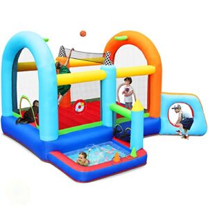 mushow inflatable jumper bounce house, playground backyard playhouse park jumping castle with splash pool, beach volleyball plus heavy duty blower for kids park jumping outdoor fun