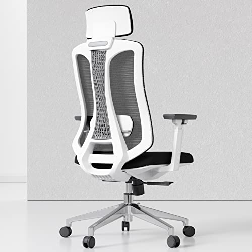 Logicfox Ergonomic Mesh Office Chair, Computer Desk Chair with 3D Armrests, Adjustable Lumbar Cushion and Adjustable Headrest, White High Back Home Office Chair with Tilt Function, Computer Chair