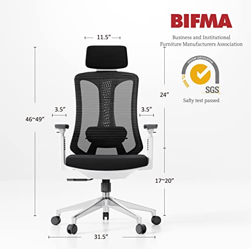 Logicfox Ergonomic Mesh Office Chair, Computer Desk Chair with 3D Armrests, Adjustable Lumbar Cushion and Adjustable Headrest, White High Back Home Office Chair with Tilt Function, Computer Chair