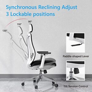 Logicfox Ergonomic Mesh Office Chair, Computer Desk Chair with 3D Armrests, Adjustable Lumbar Cushion and Adjustable Headrest, White High Back Home Office Chair with Tilt Function, Computer Chair