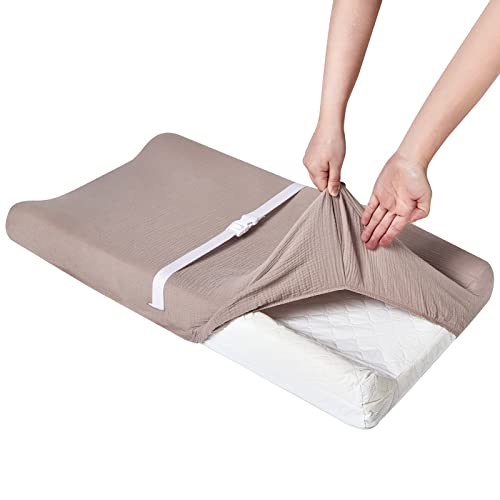 Solid Muslin Changing Table Pad Cover Cradle Sheet, Fits 32"/34''x16" Contoured Diaper Changing Pad, Ultra Soft Cozy Muslin Cotton Changing Table Covers, Breathable Wipeable Removable (Khaki)