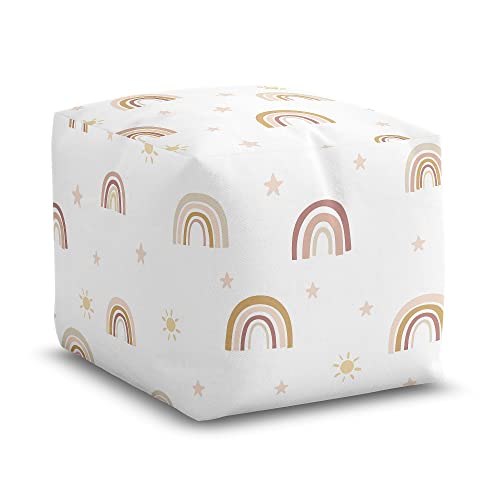 Sweet Jojo Designs Boho Rainbow Girl Ottoman Pouf Cover Unstuffed Poof Floor Footstool Square Cube Pouffe Storage Baby Nursery Kids Room Blush Pink Yellow Bohemian Modern Neutral Vintage Taupe Beige