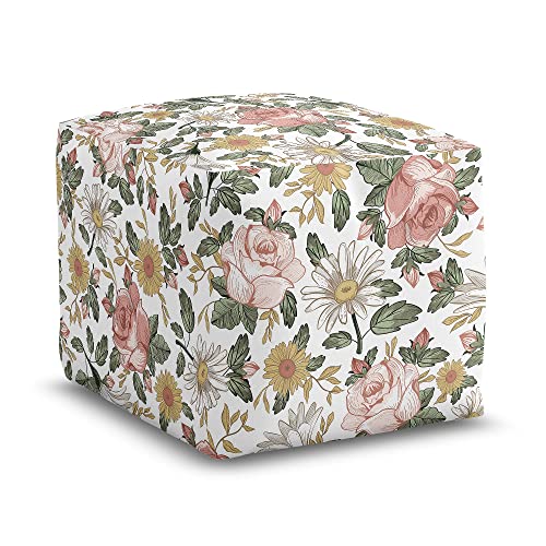 Sweet Jojo Designs Blush Pink Yellow Vintage Floral Boho Girl Ottoman Pouf Cover Unstuffed Poof Floor Footstool Square Cube Pouffe Storage Baby Nursery Kids Room Bohemian Shabby Chic Farmhouse White