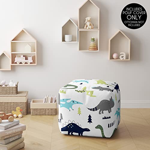 Sweet Jojo Designs Blue Green Modern Dinosaur Boy Ottoman Pouf Cover Unstuffed Poof Floor Footstool Square Cube Pouffe Storage Baby Nursery Kids Room Turquoise Navy Mod Dino Boho Bohemian Grey White