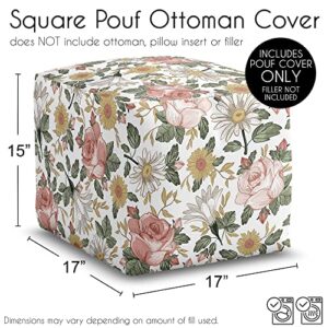 Sweet Jojo Designs Blush Pink Yellow Vintage Floral Boho Girl Ottoman Pouf Cover Unstuffed Poof Floor Footstool Square Cube Pouffe Storage Baby Nursery Kids Room Bohemian Shabby Chic Farmhouse White