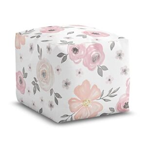 sweet jojo designs blush pink grey boho floral girl ottoman pouf cover unstuffed poof floor footstool square cube pouffe storage baby nursery kids room bohemian farmhouse shabby chic watercolor white