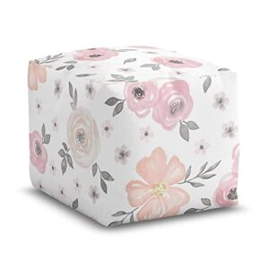 Sweet Jojo Designs Blush Pink Grey Boho Floral Girl Ottoman Pouf Cover Unstuffed Poof Floor Footstool Square Cube Pouffe Storage Baby Nursery Kids Room Bohemian Farmhouse Shabby Chic Watercolor White