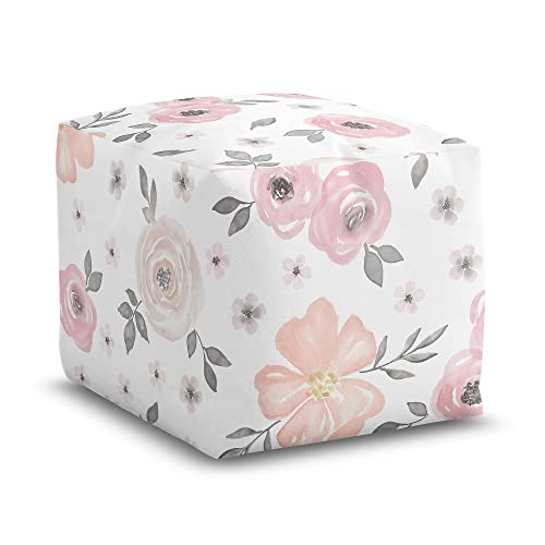 Sweet Jojo Designs Blush Pink Grey Boho Floral Girl Ottoman Pouf Cover Unstuffed Poof Floor Footstool Square Cube Pouffe Storage Baby Nursery Kids Room Bohemian Farmhouse Shabby Chic Watercolor White