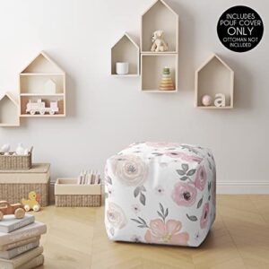 Sweet Jojo Designs Blush Pink Grey Boho Floral Girl Ottoman Pouf Cover Unstuffed Poof Floor Footstool Square Cube Pouffe Storage Baby Nursery Kids Room Bohemian Farmhouse Shabby Chic Watercolor White